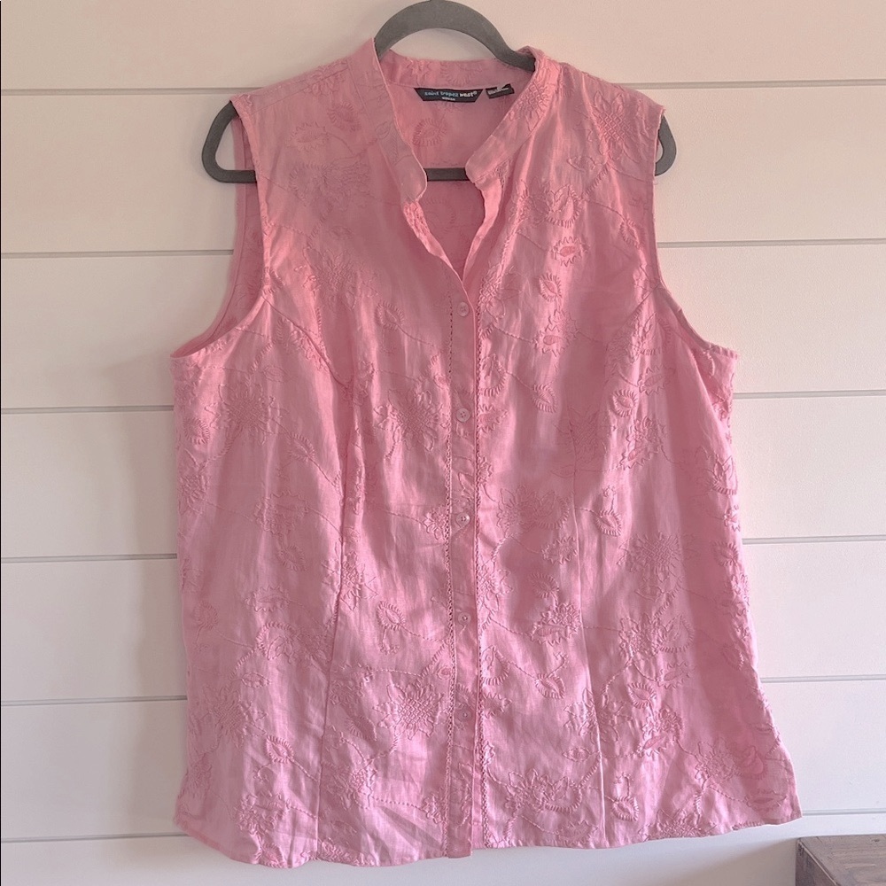 Saint Tropez West Pink Linen Textured Embroidered Sleeveless Blouse NEW